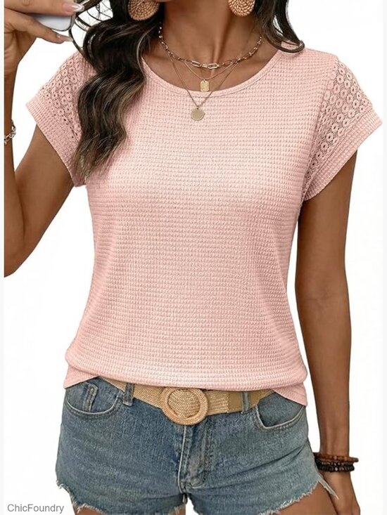 Tops - Waffle Knit Lace Sleeve Short Sleeve T-Shirt Loose Fit Summer Top